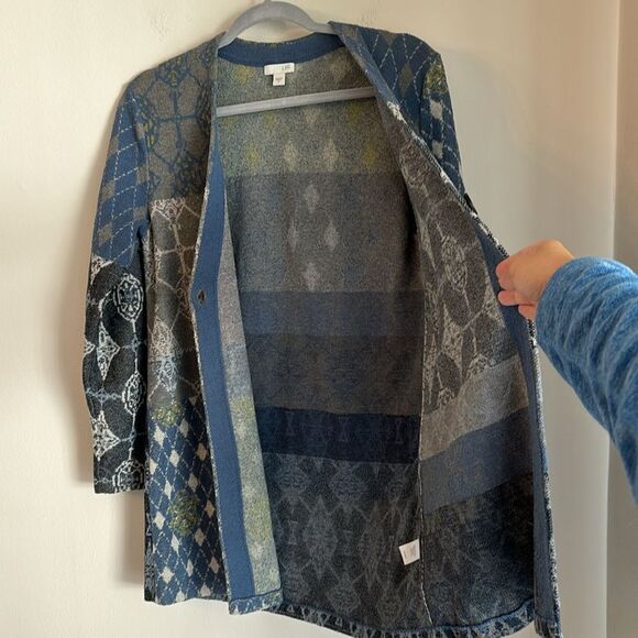 J. Jill Women Patchwork open cardigan duster argyle long sweater blue gray Small - Picture 7 of 11